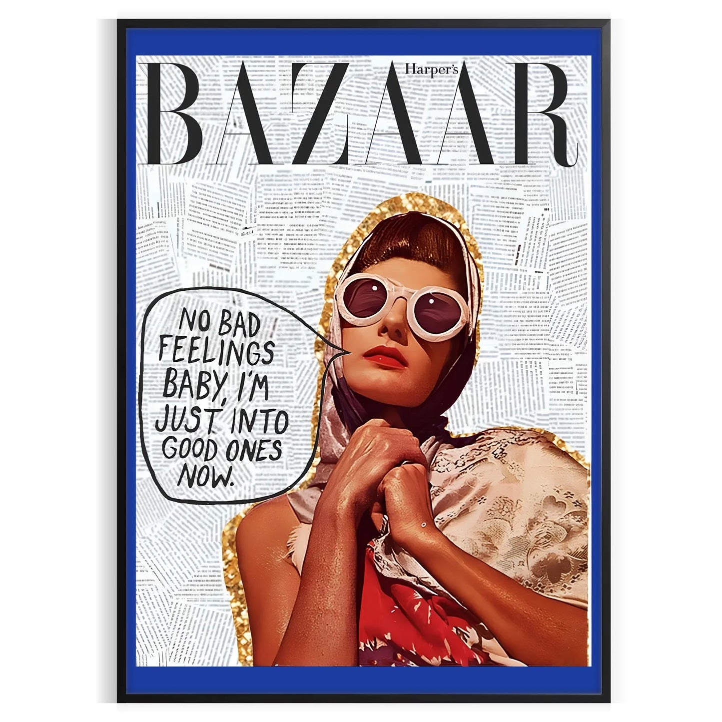 space vibrant Bazaar No Feelings Baby Just Into Good Ones poster dynamic blend orange blue eye artwork perfect gift chic wall art addition options standalone piece