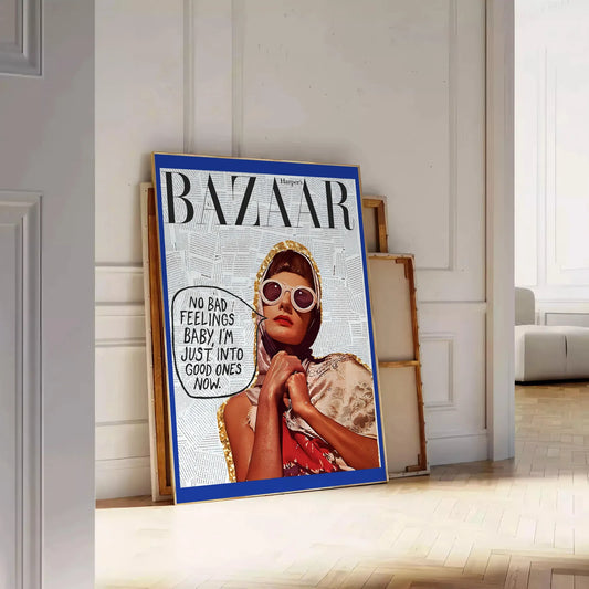 space vibrant Bazaar No Feelings Baby Just Into Good Ones poster dynamic blend orange blue eye artwork perfect gift chic wall art addition options standalone piece