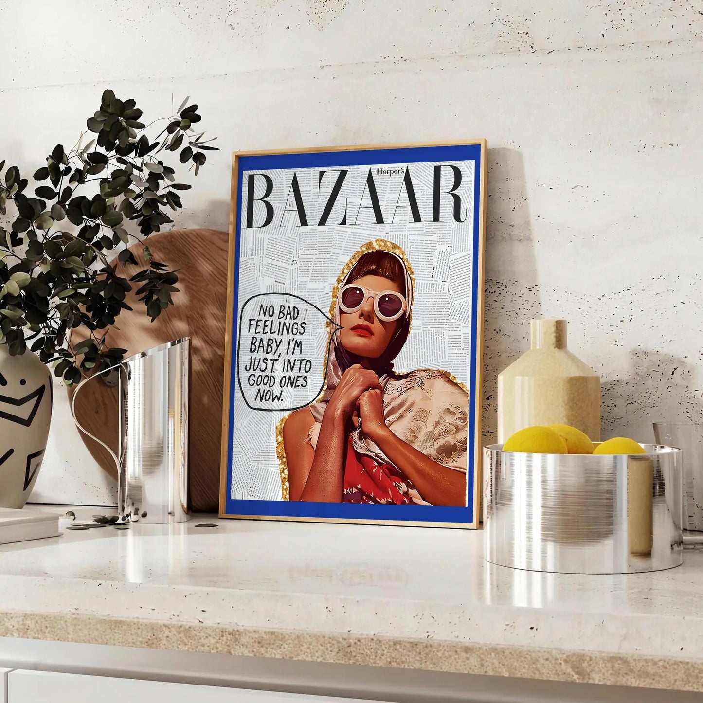 space vibrant Bazaar No Feelings Baby Just Into Good Ones poster dynamic blend orange blue eye artwork perfect gift chic wall art addition options standalone piece