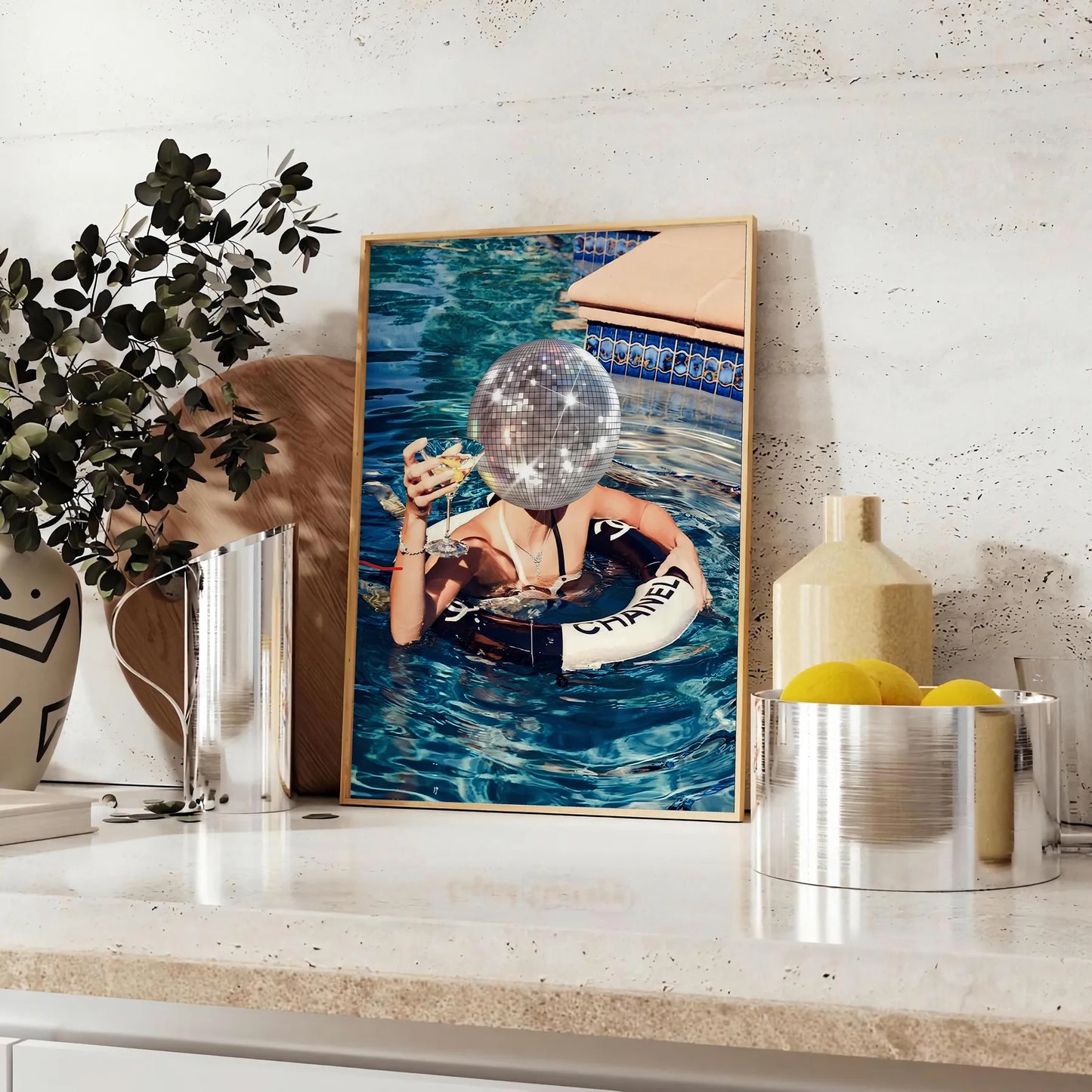 retro vibes Disco Swimming Pool Poster vibrant brown green hues unique wall art ideal gift splash style space perfect size A4 cm A0