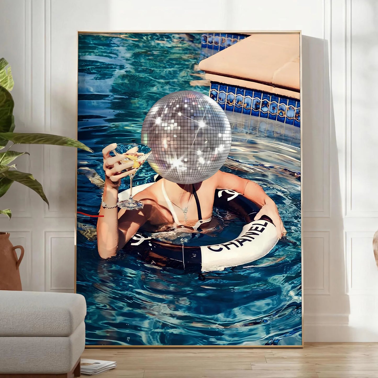 retro vibes Disco Swimming Pool Poster vibrant brown green hues unique wall art ideal gift splash style space perfect size A4 cm A0