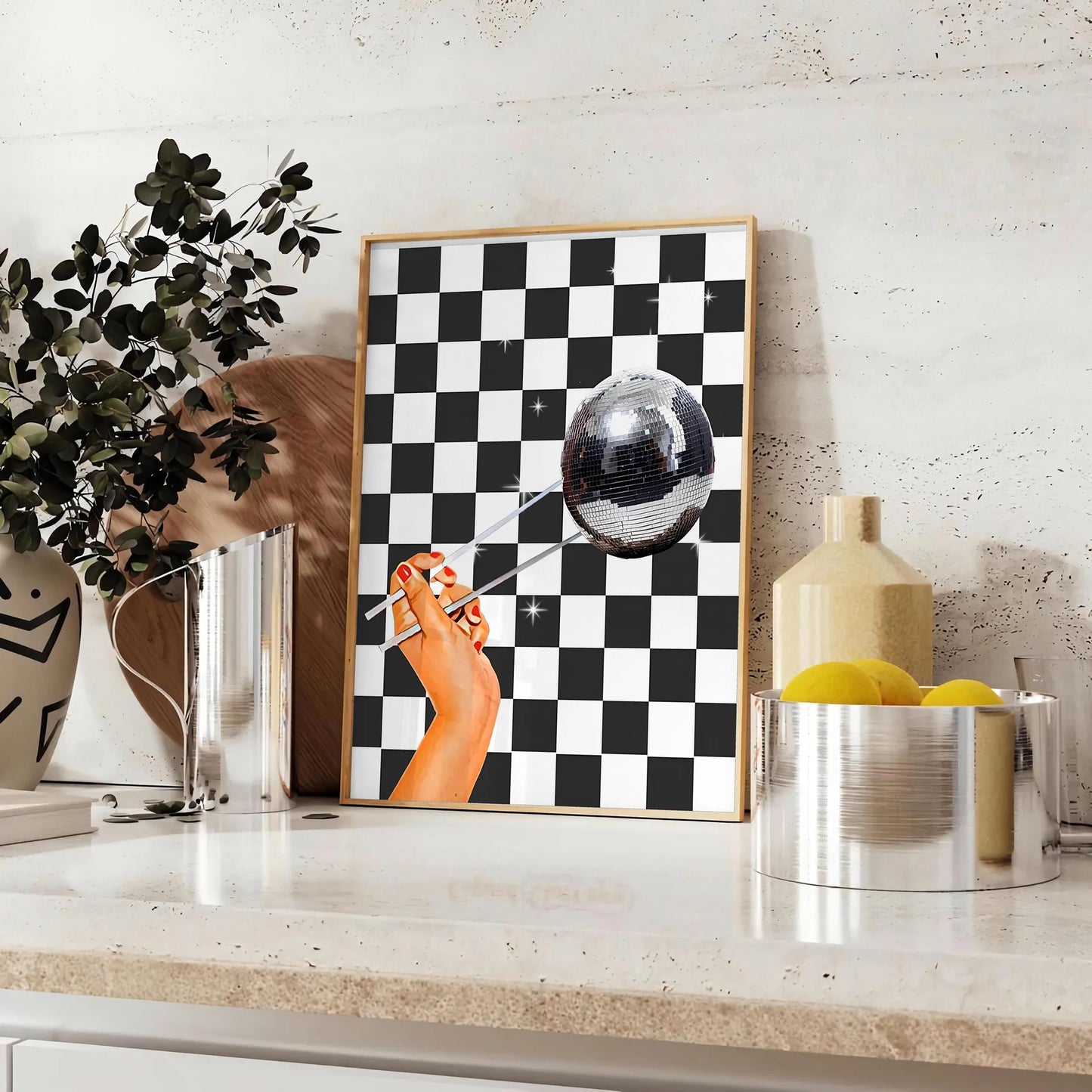 space striking disco tile poster bold black brown tones retro chic vibe stunning wall art centerpiece unique gift occasion artwork decor