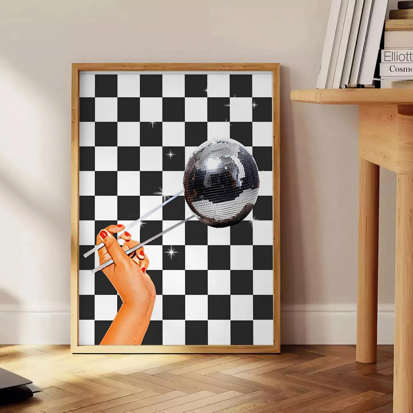 space striking disco tile poster bold black brown tones retro chic vibe stunning wall art centerpiece unique gift occasion artwork decor