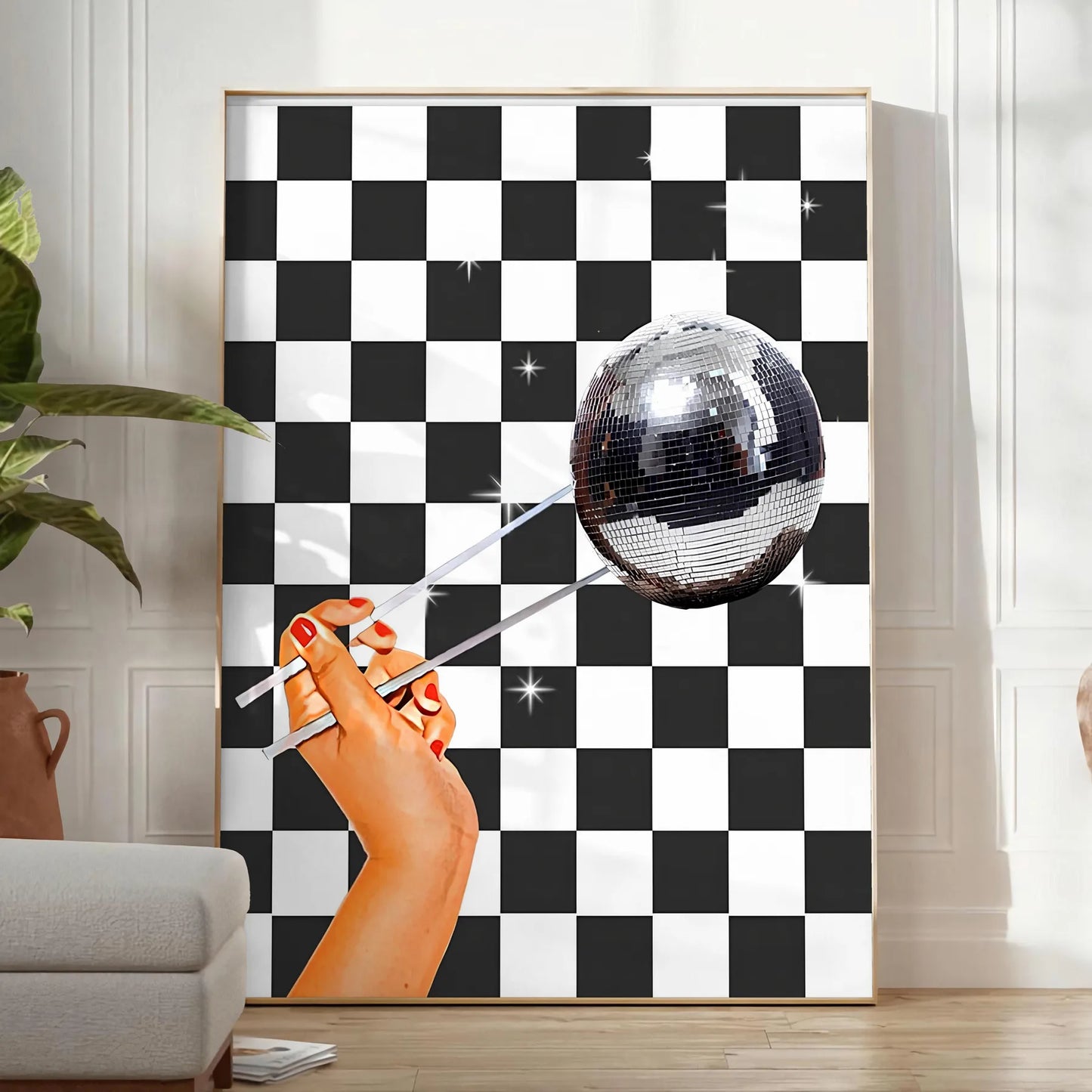 space striking disco tile poster bold black brown tones retro chic vibe stunning wall art centerpiece unique gift occasion artwork decor