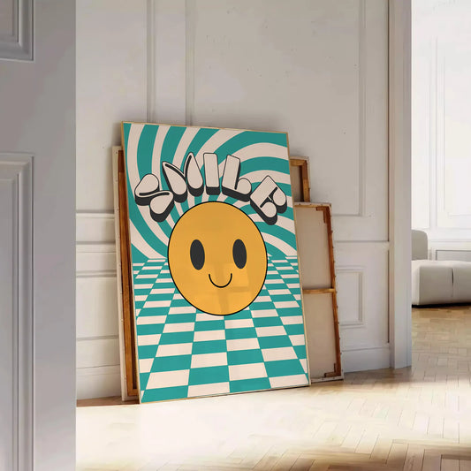 space Smiler Groovy Art Poster vibrant orange black hues eye wall perfect retro vibe room unique gift collection A4 large format A0