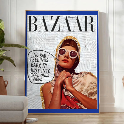 space vibrant Bazaar No Feelings Baby Just Into Good Ones poster dynamic blend orange blue eye artwork perfect gift chic wall art addition options standalone piece