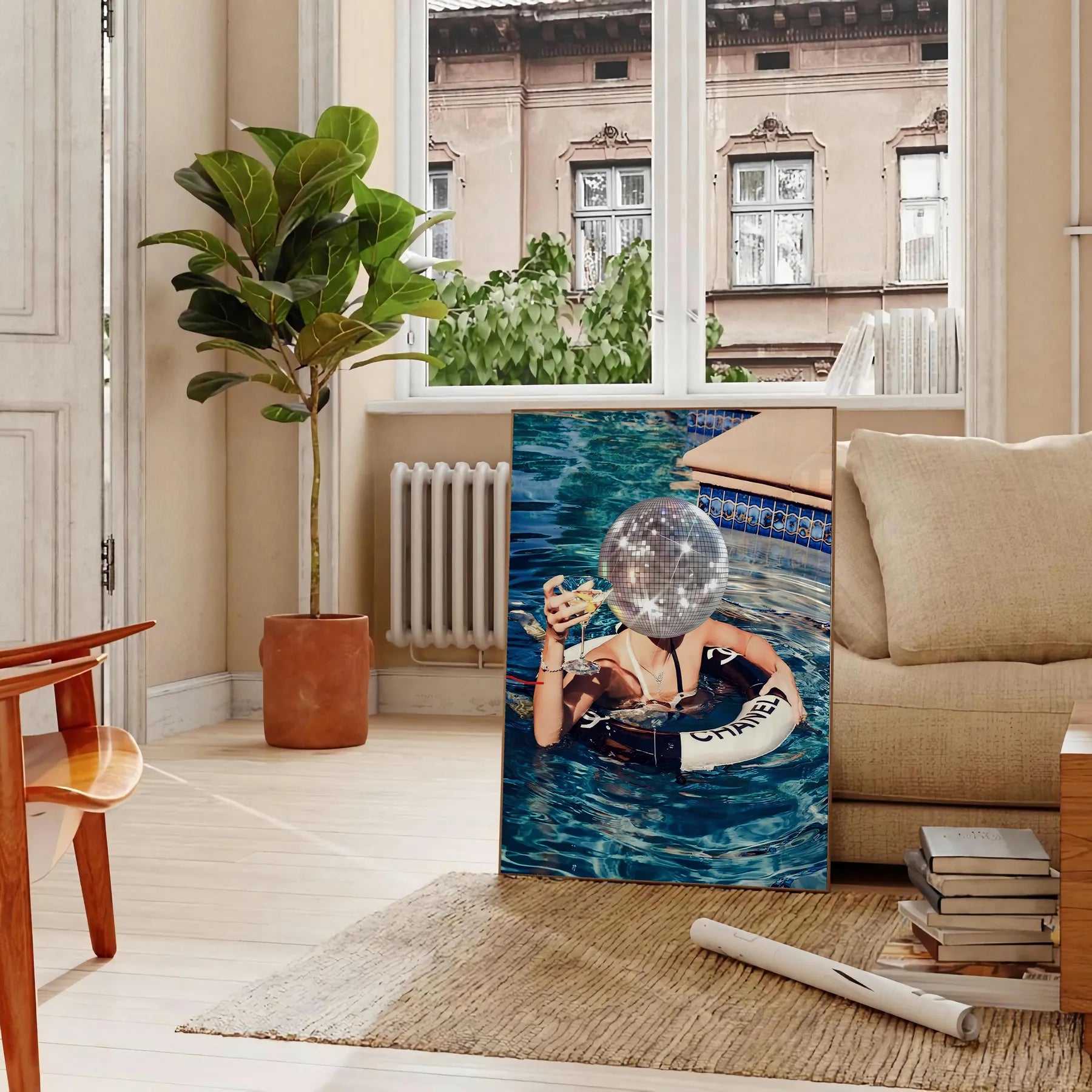 retro vibes Disco Swimming Pool Poster vibrant brown green hues unique wall art ideal gift splash style space perfect size A4 cm A0