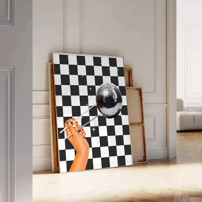 space striking disco tile poster bold black brown tones retro chic vibe stunning wall art centerpiece unique gift occasion artwork decor
