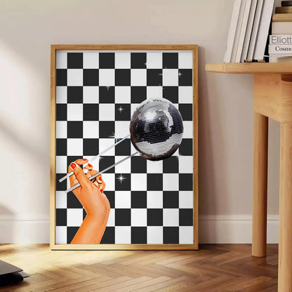 space striking disco tile poster bold black brown tones retro chic vibe stunning wall art centerpiece unique gift occasion artwork decor