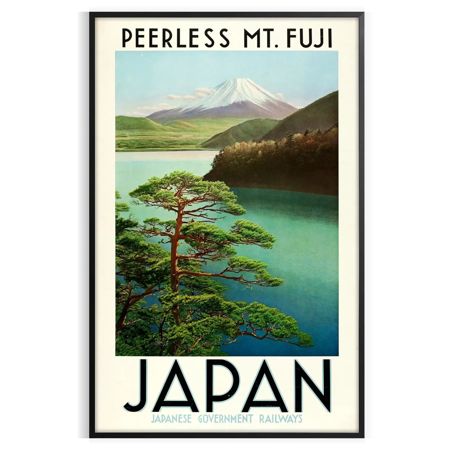 serene Japan captivating Mount Fuji poster tranquil green gray hues wall art unique gift artwork touch Far East space print sizes A4 cm A0