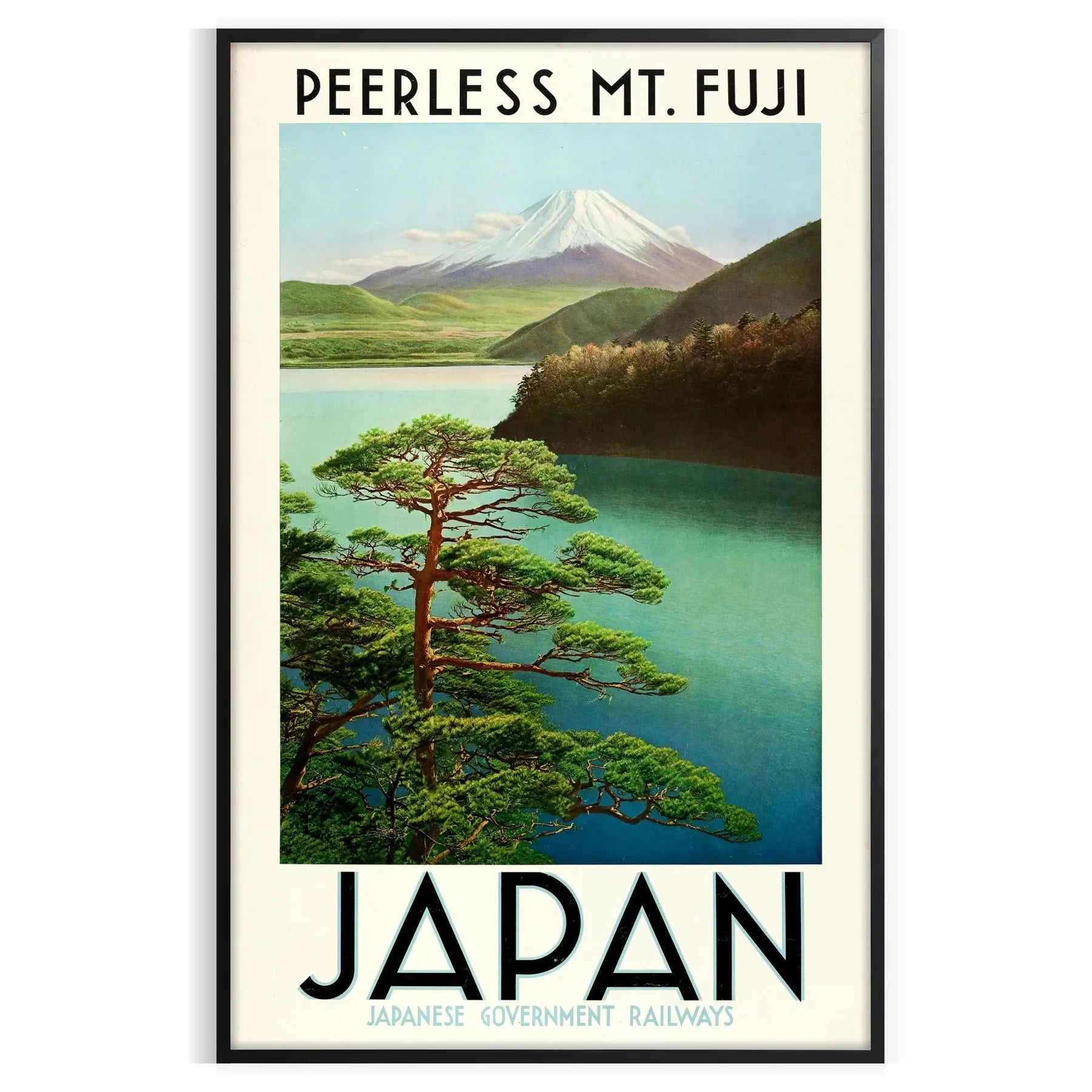 serene Japan captivating Mount Fuji poster tranquil green gray hues wall art unique gift artwork touch Far East space print sizes A4 cm A0