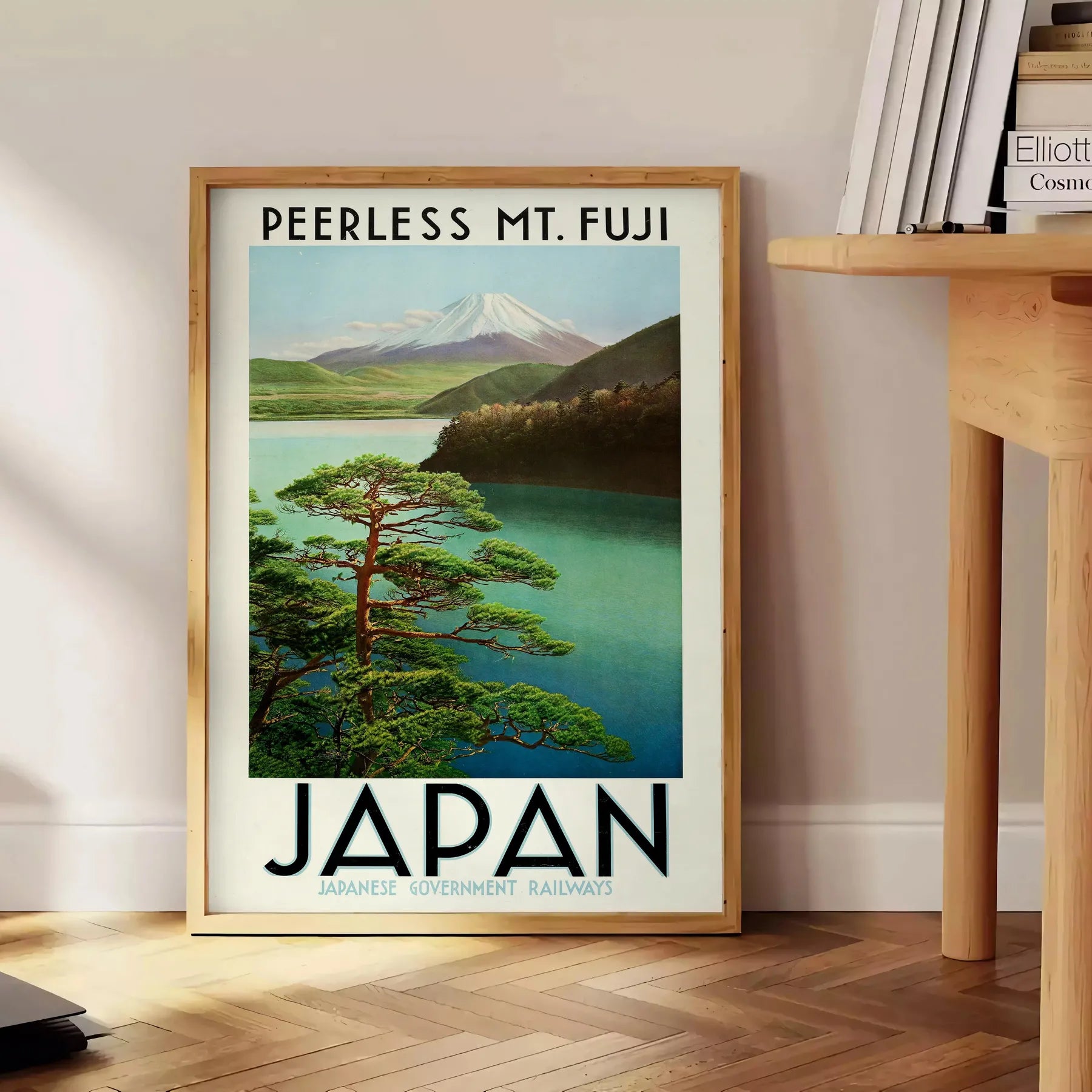 serene Japan captivating Mount Fuji poster tranquil green gray hues wall art unique gift artwork touch Far East space print sizes A4 cm A0