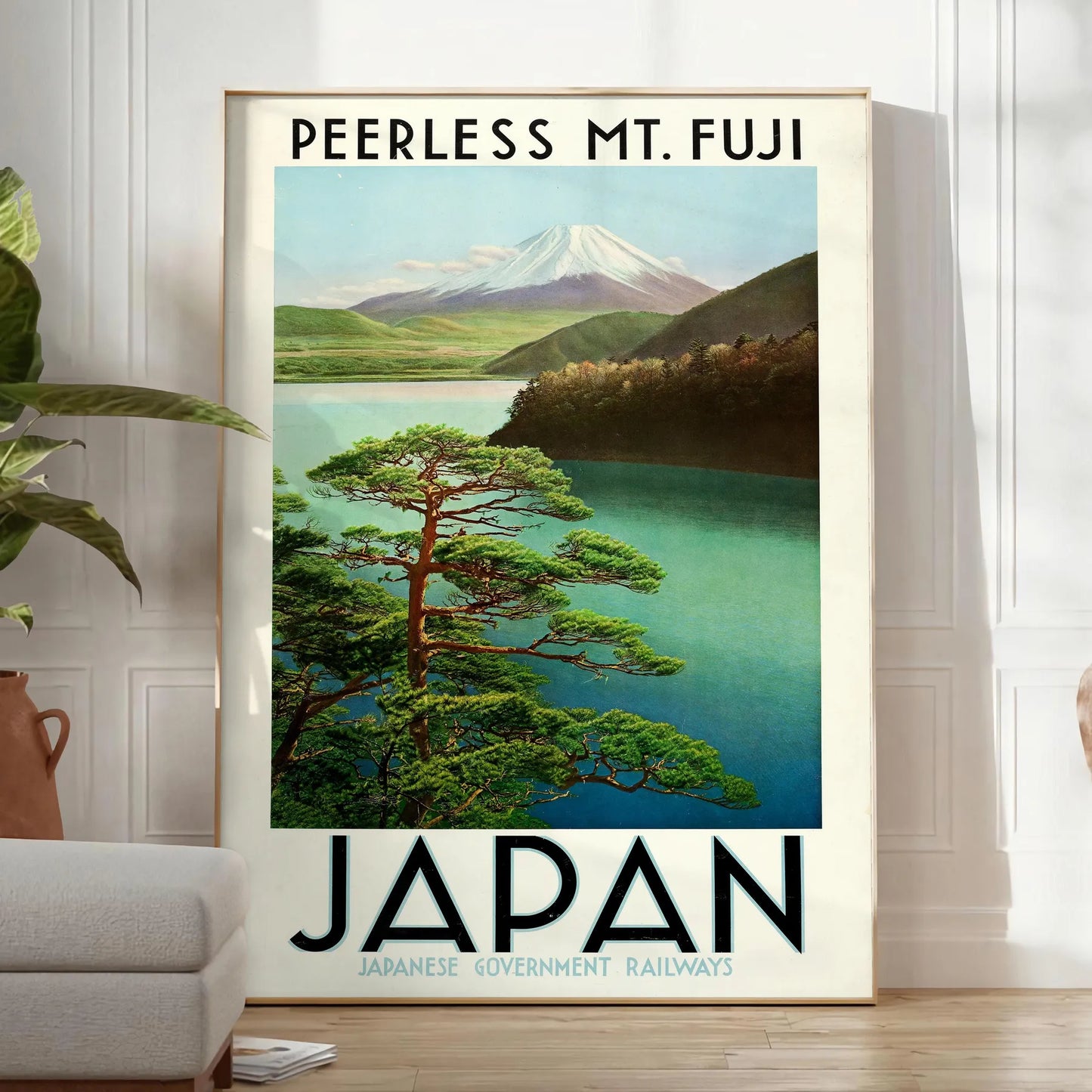 serene Japan captivating Mount Fuji poster tranquil green gray hues wall art unique gift artwork touch Far East space print sizes A4 cm A0