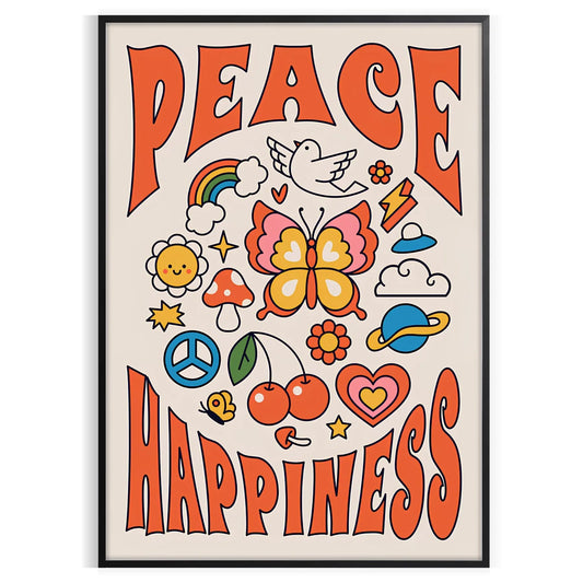 vibe Peace Happiness poster groovy wall art bold black vibrant orange striking statement gift space eye artwork available