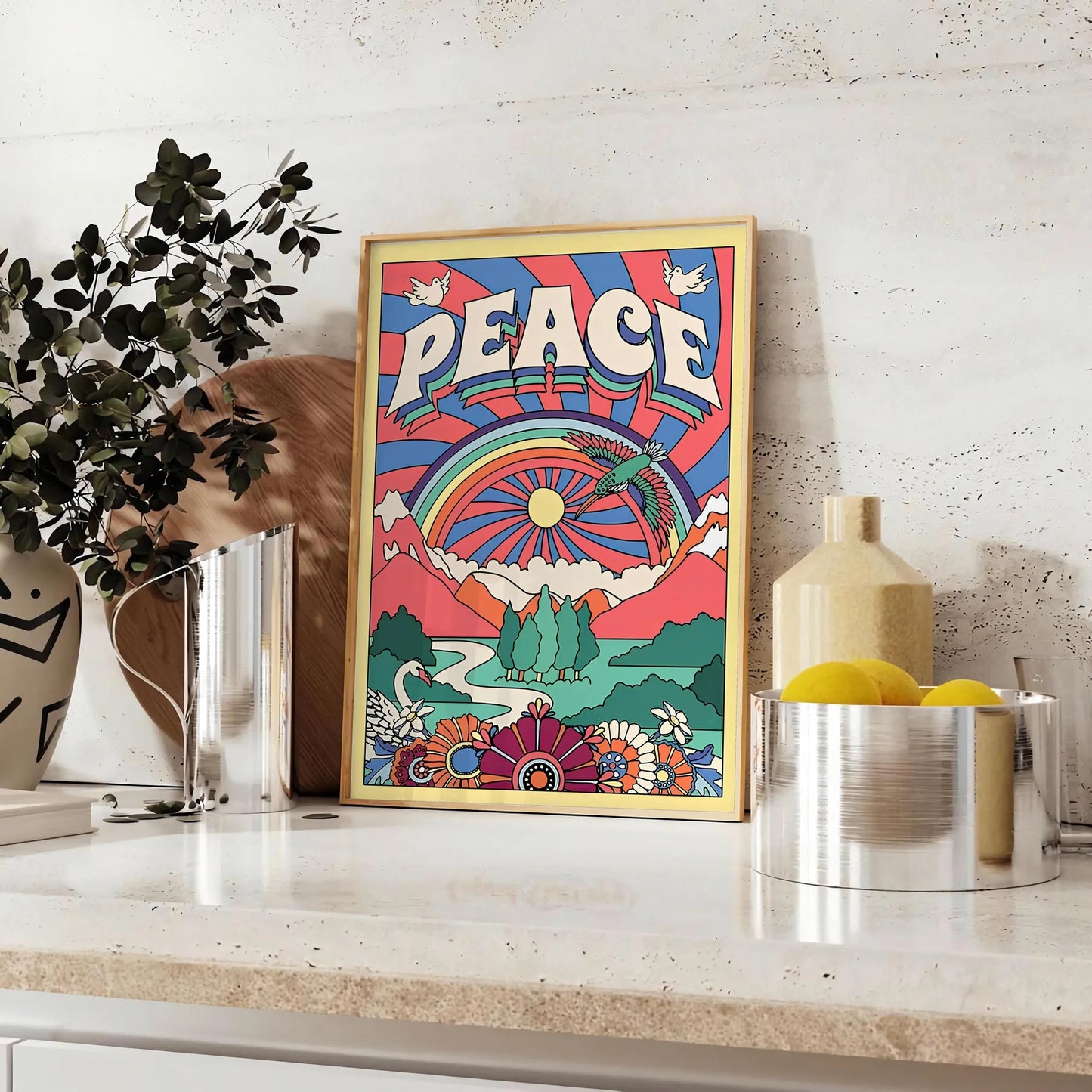 touch tranquility space Peace Groovy Art Poster blue purple hues captivating wall perfect gift stylish addition room artwork ideal look