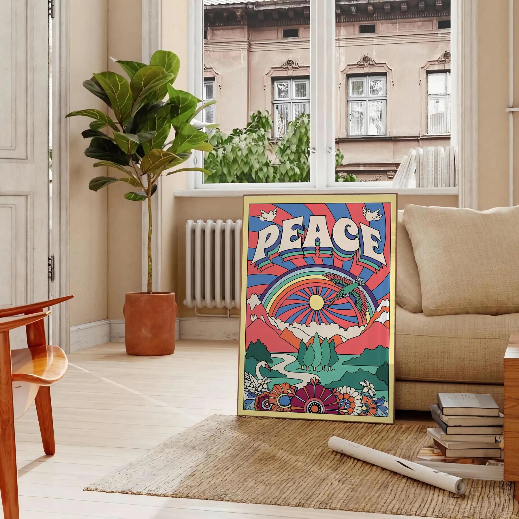 touch tranquility space Peace Groovy Art Poster blue purple hues captivating wall perfect gift stylish addition room artwork ideal look