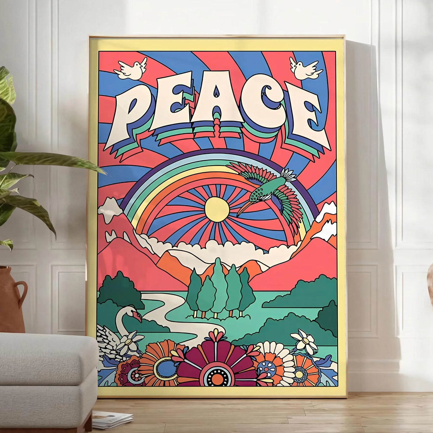 touch tranquility space Peace Groovy Art Poster blue purple hues captivating wall perfect gift stylish addition room artwork ideal look
