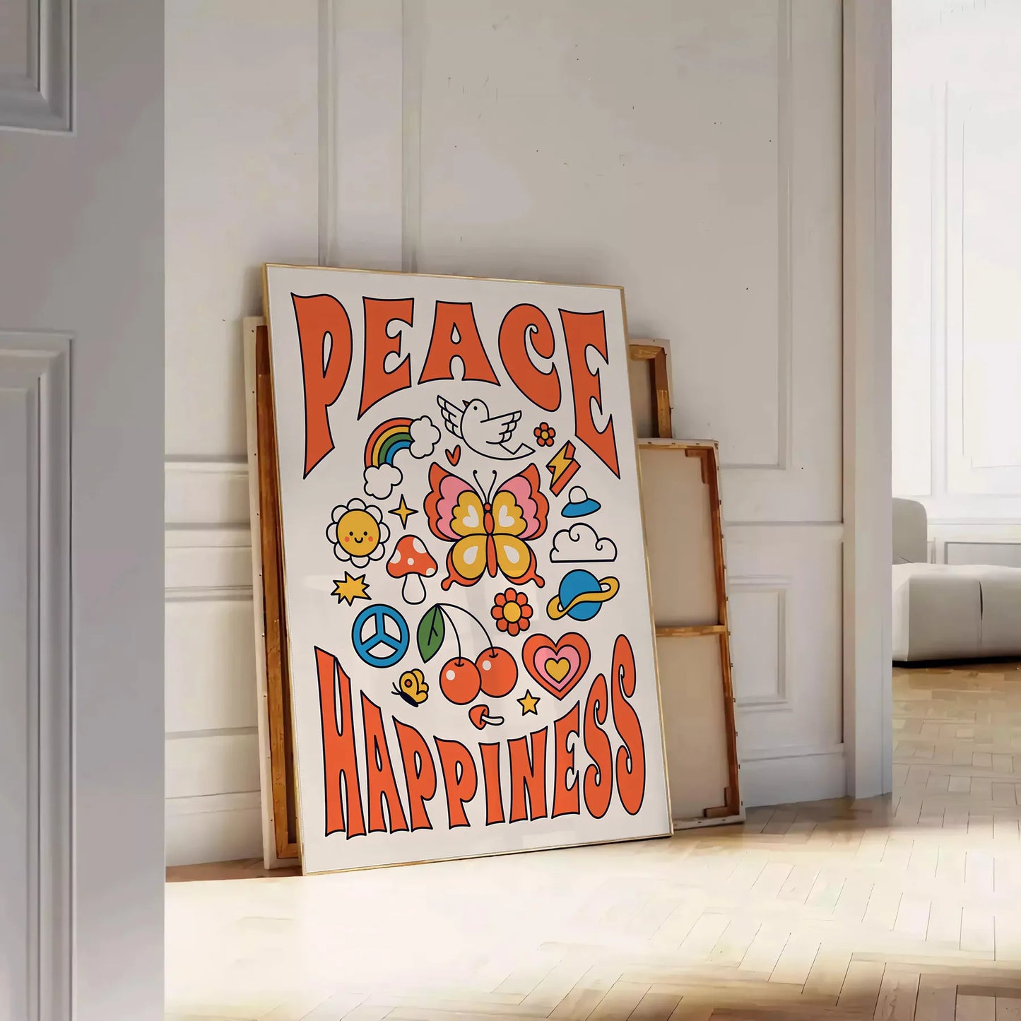 vibe Peace Happiness poster groovy wall art bold black vibrant orange striking statement gift space eye artwork available