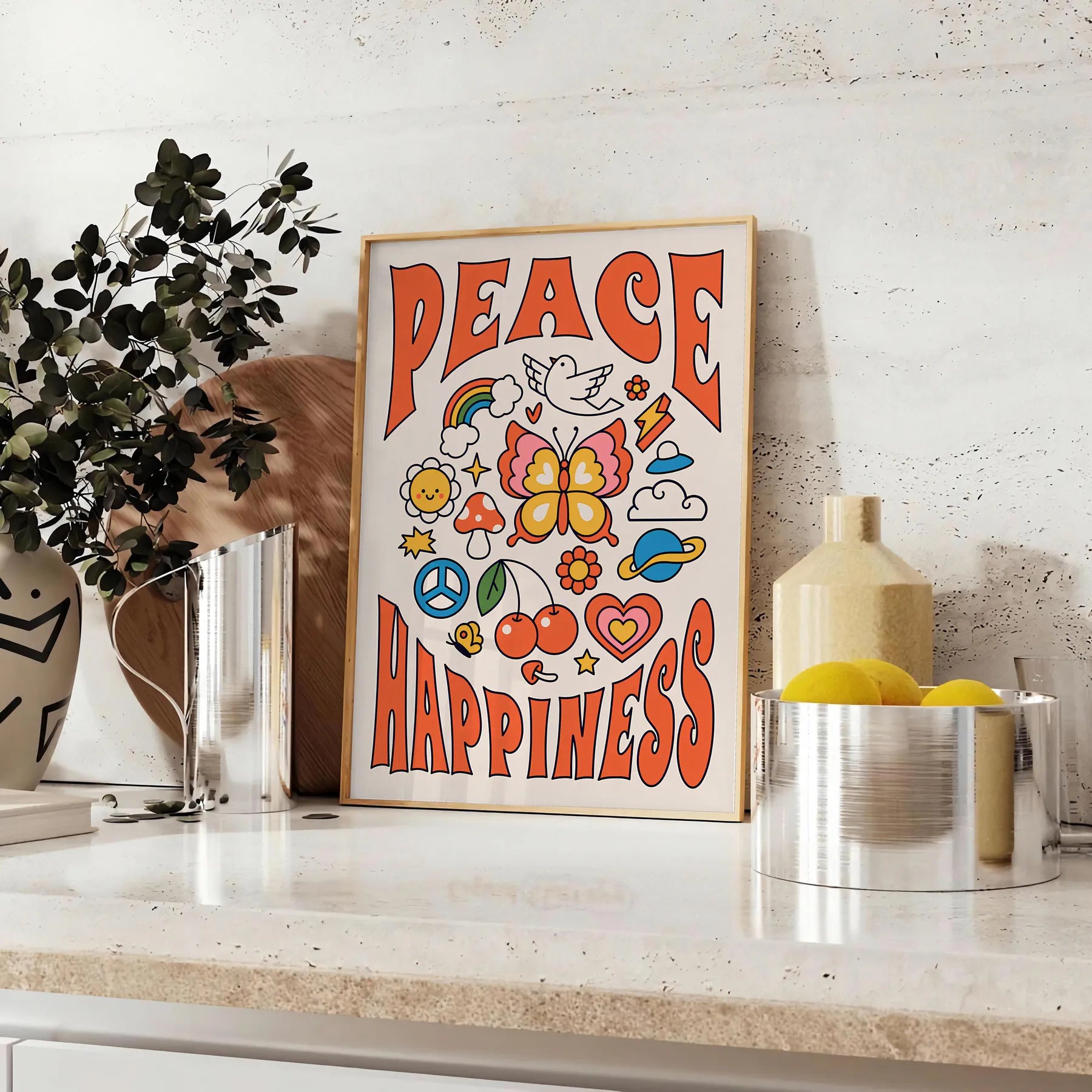 vibe Peace Happiness poster groovy wall art bold black vibrant orange striking statement gift space eye artwork available