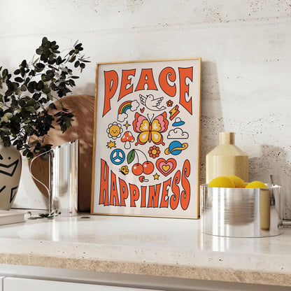 vibe Peace Happiness poster groovy wall art bold black vibrant orange striking statement gift space eye artwork available