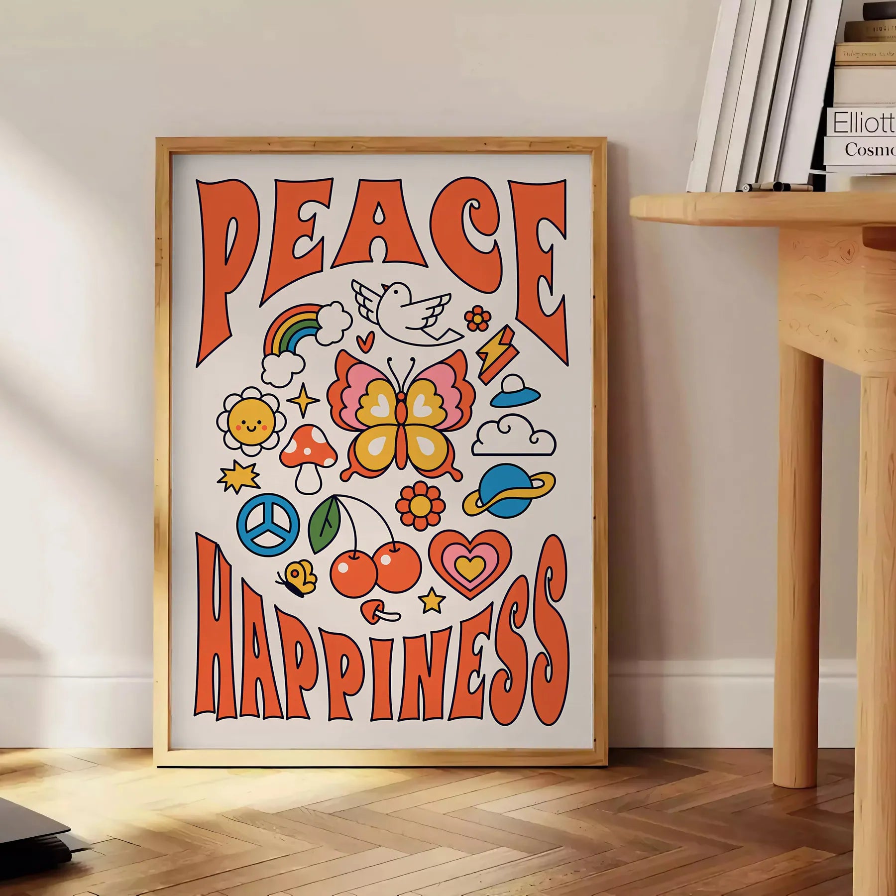 vibe Peace Happiness poster groovy wall art bold black vibrant orange striking statement gift space eye artwork available
