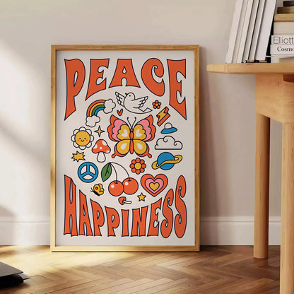 vibe Peace Happiness poster groovy wall art bold black vibrant orange striking statement gift space eye artwork available