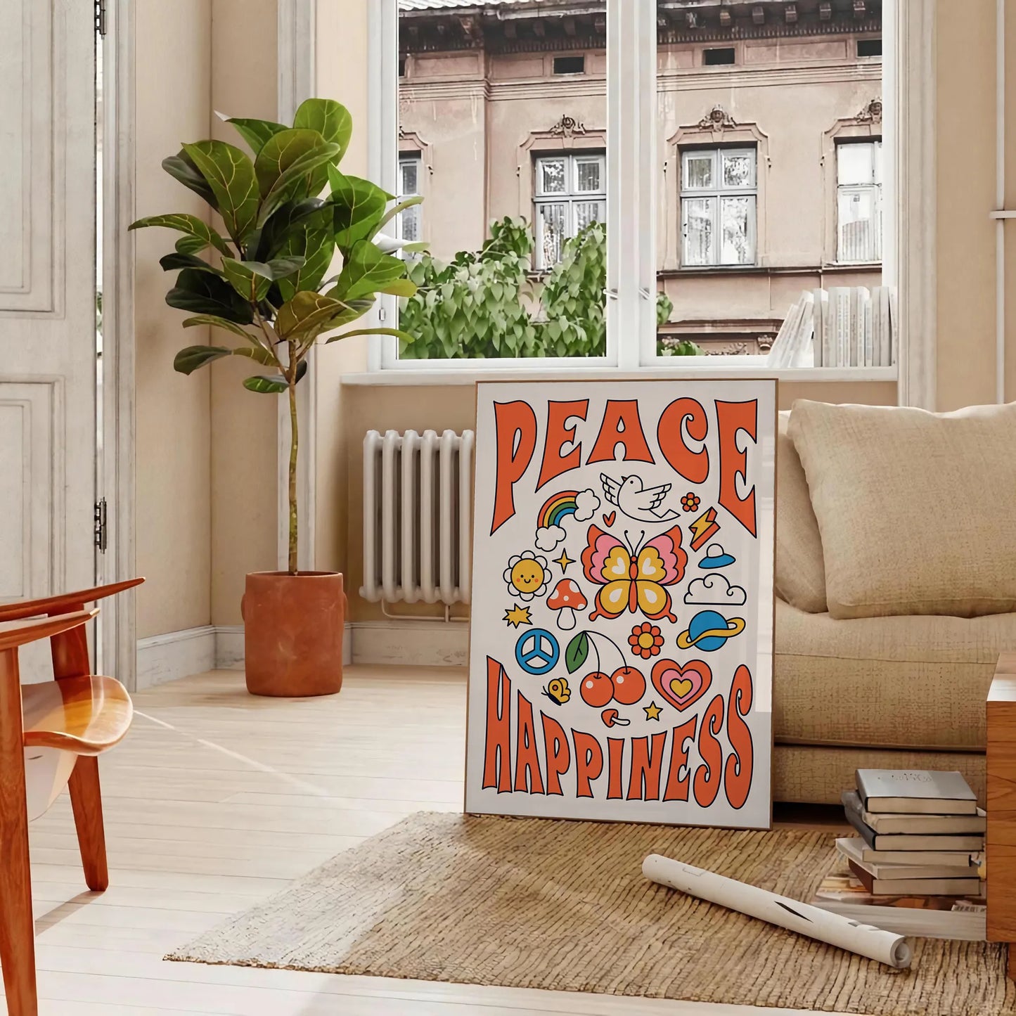 vibe Peace Happiness poster groovy wall art bold black vibrant orange striking statement gift space eye artwork available
