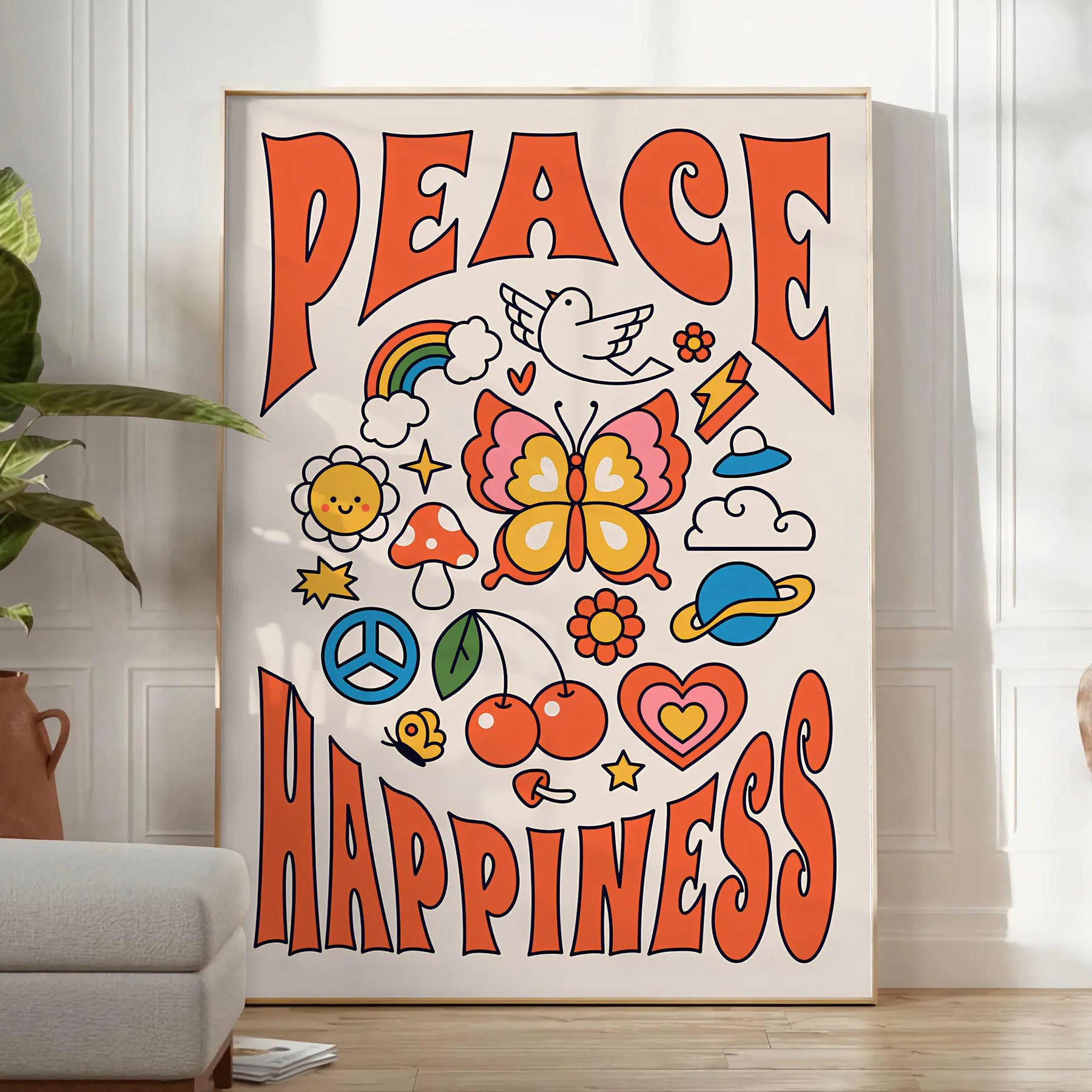 vibe Peace Happiness poster groovy wall art bold black vibrant orange striking statement gift space eye artwork available